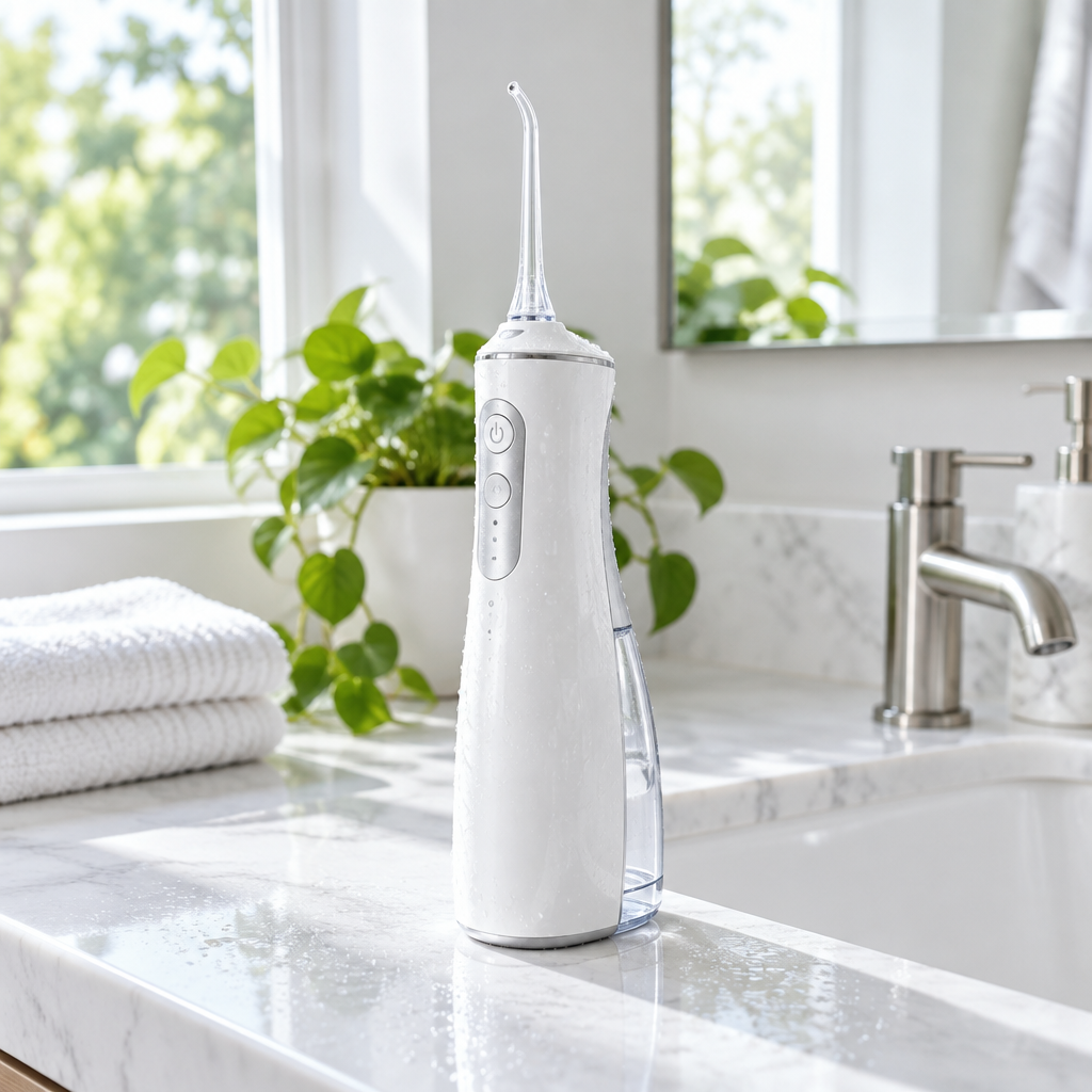 Water flosser on a bathroom sink counter