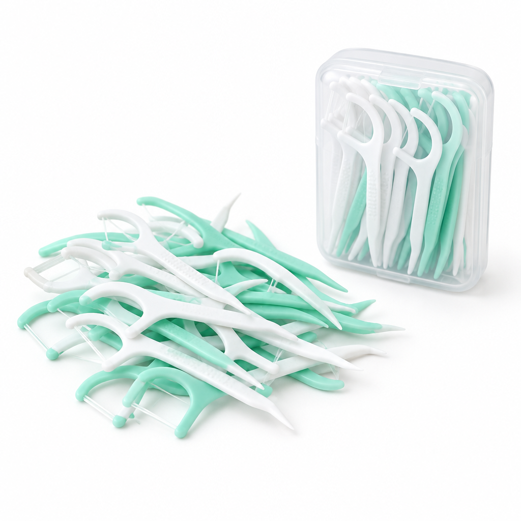 Disposable dental floss picks with travel container on a white background