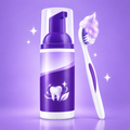 Purple teeth mousse pump bottle on a lavender background with toothbrush