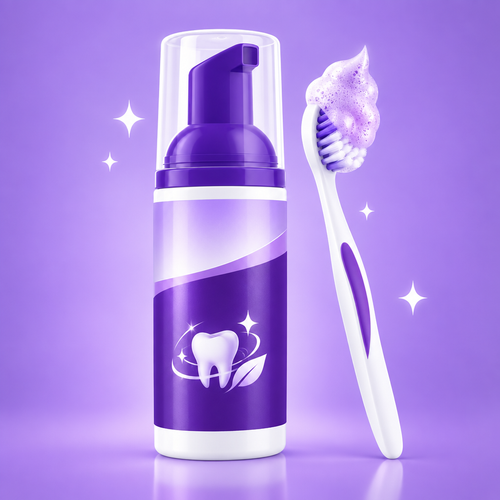 Purple teeth mousse pump bottle on a lavender background with toothbrush