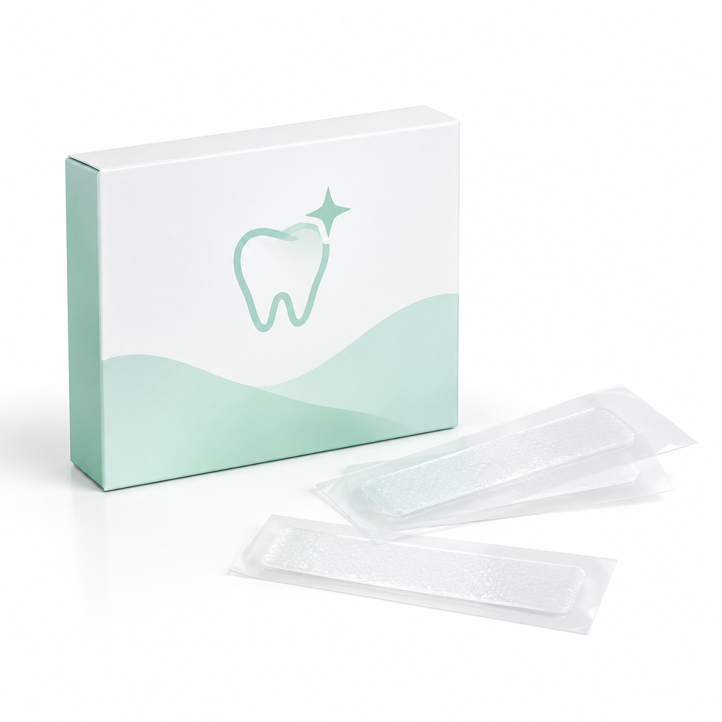 Teeth whitening strips box with clear whitening strips on a white background