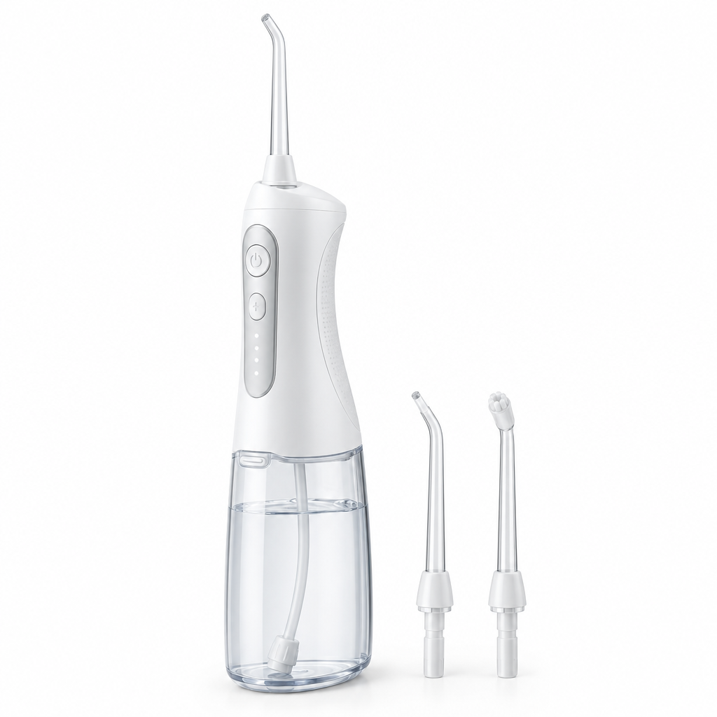White cordless water flosser with nozzle tips on a white background