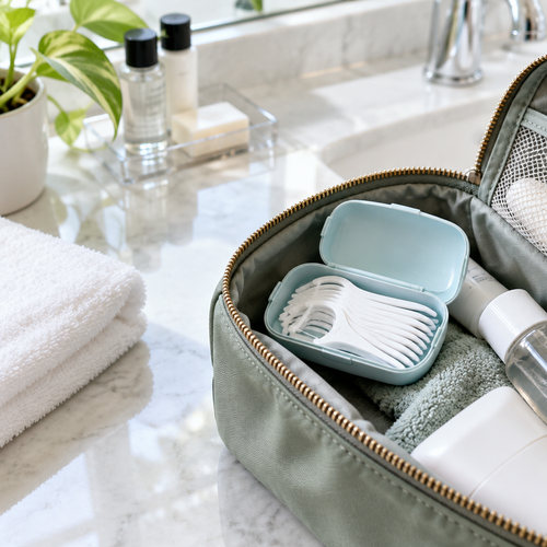 Dental floss picks in a travel pouch on a bathroom counter