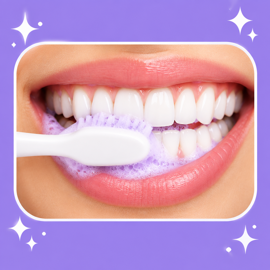 Bright white smile brushing with purple foam