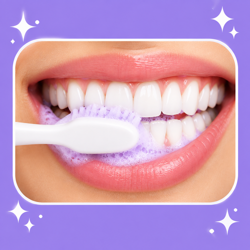 Bright white smile brushing with purple foam